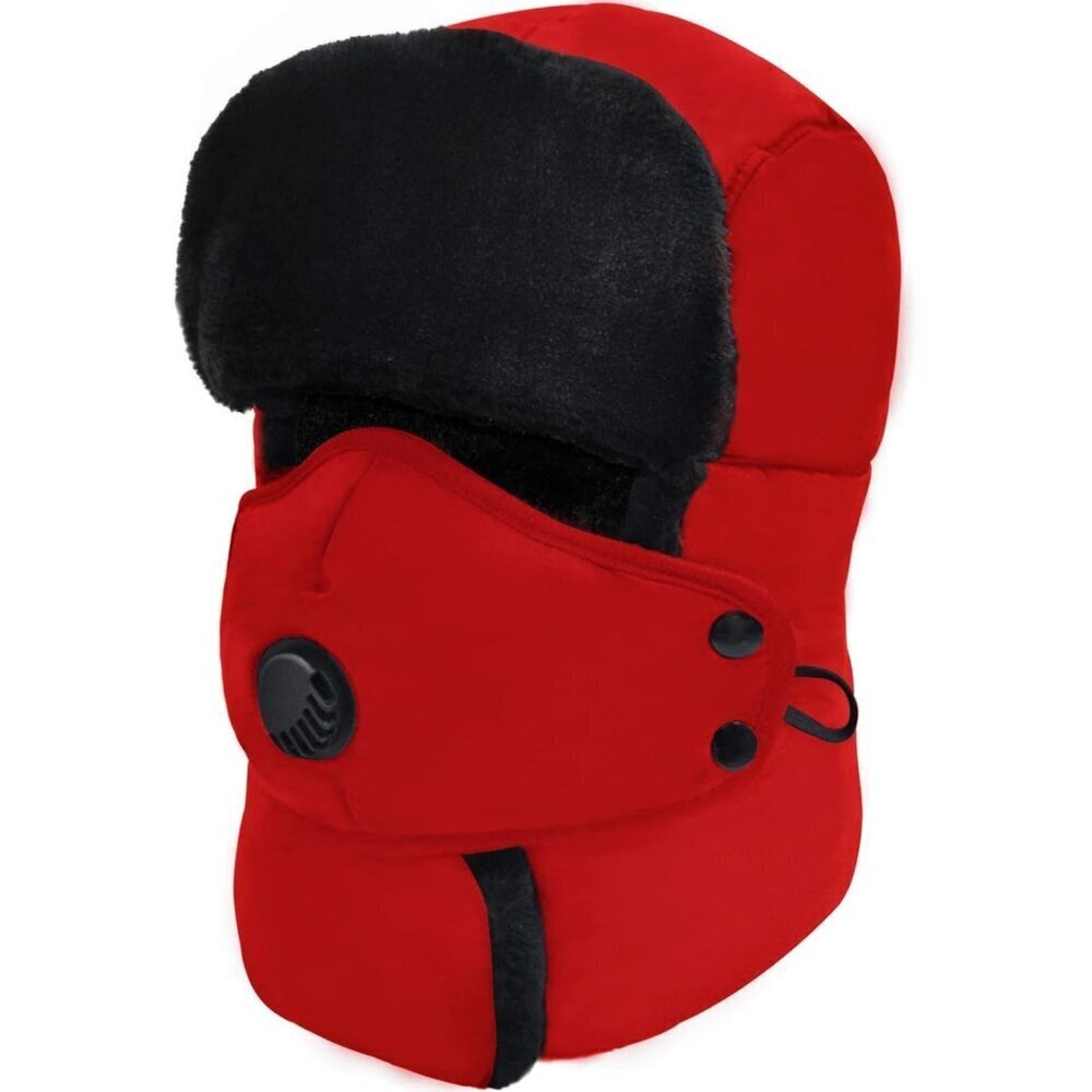Unisex Red Winter Trapper Hat Russian with Ear Flap Mask Aviator Cold Weather